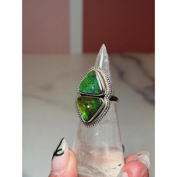 Ammolite Double Stone Sterling Silver Ring: 925 Silver • Size 6 - Picture 3 of 9